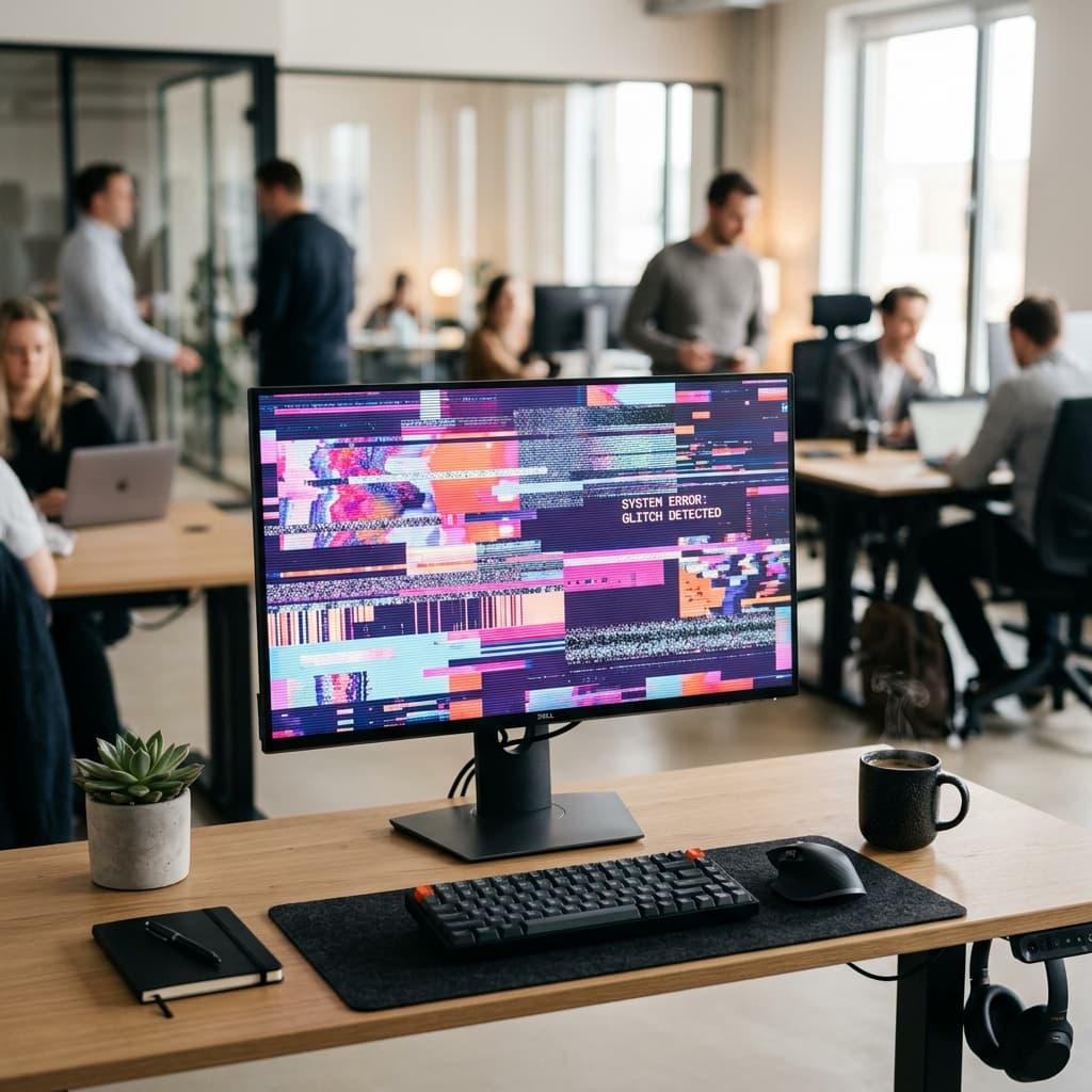 Office monitor showing system error glitch