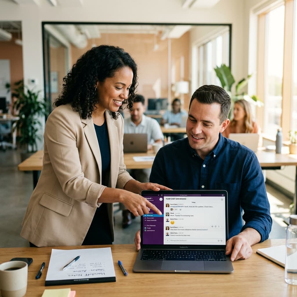 Two professionals collaborating over a chat dashboard