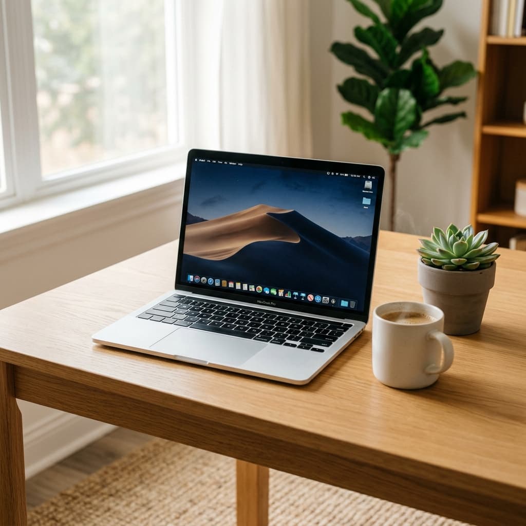 Laptop on clean desk with coffee and succulent plant