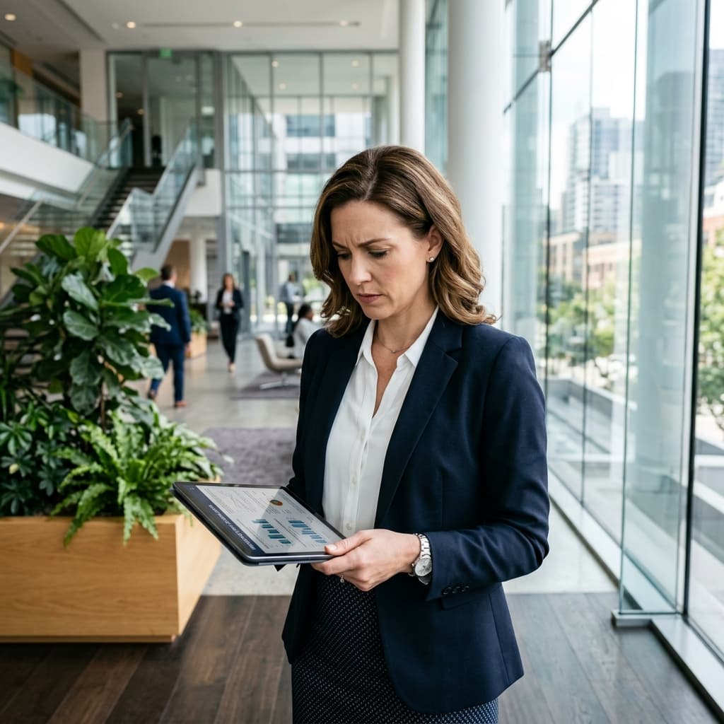Businesswoman reviewing support metrics on tablet