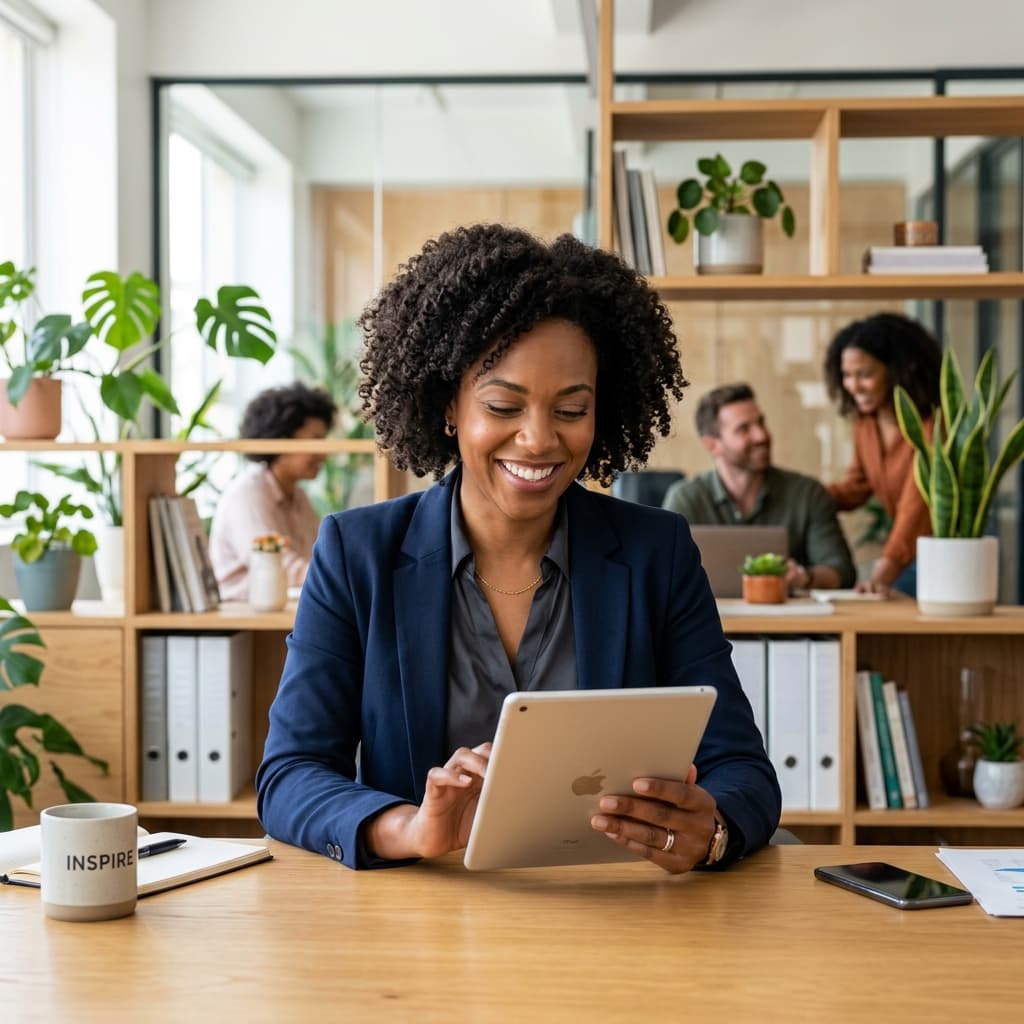 Smiling professional woman using tablet in modern office